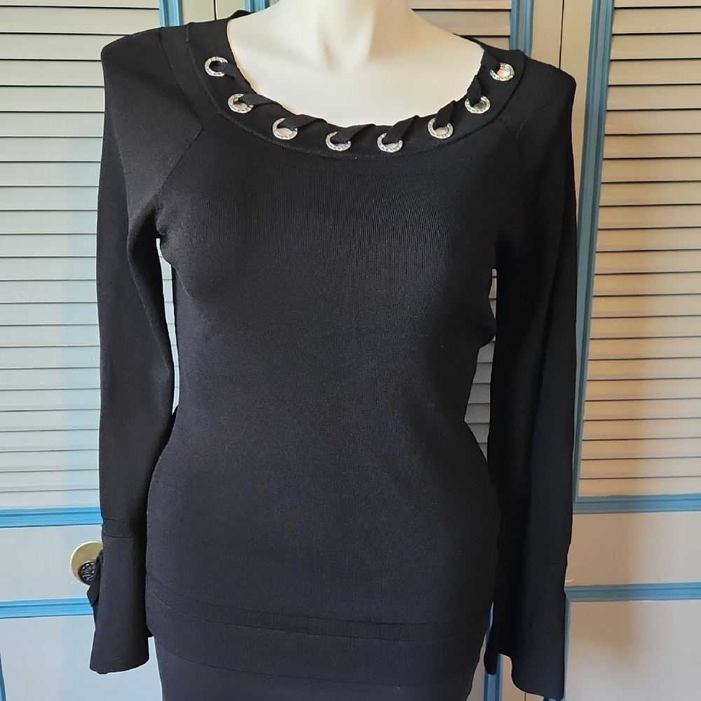 INC International Concepts Black Sweater Top with Silver Grommet Detail